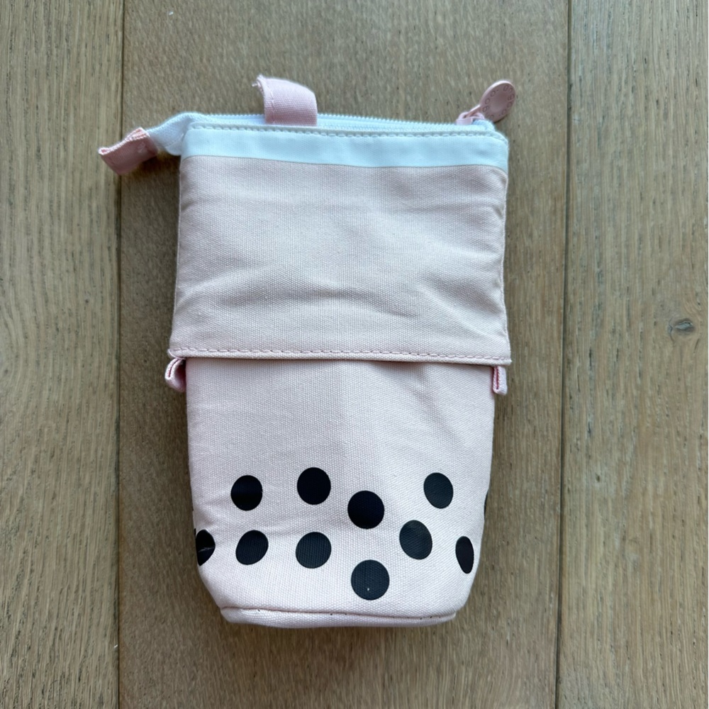Happy Smiley Boba Milk Bubble Tea Adjustable Slide Pen Pouch - Beige & Pink View 4